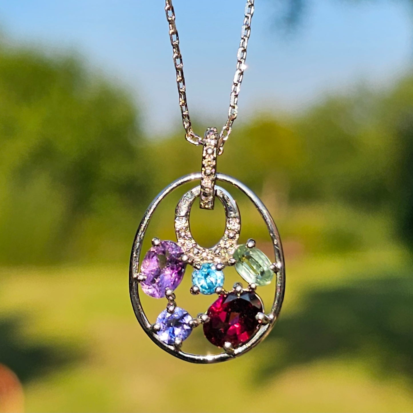 Sterling Silver Multi Gemstone Pendant Necklace Chain Crystal Jewellery