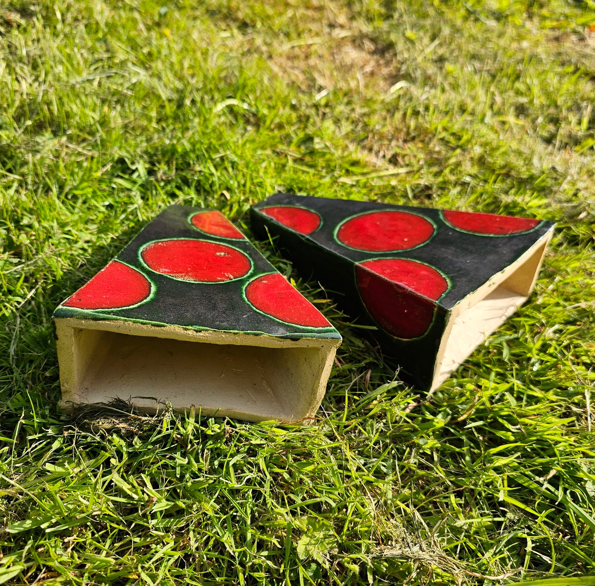 Funky MCM Slabwork Wall Vases Green Red Pair