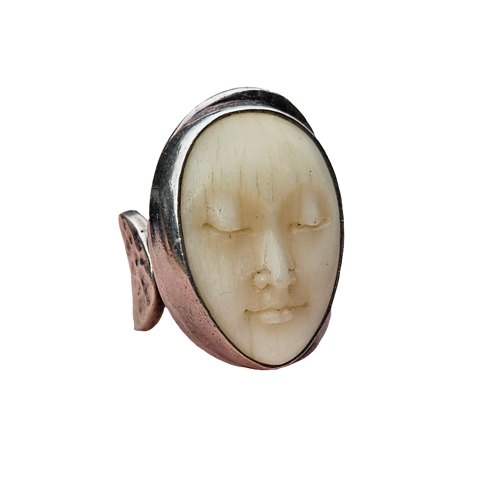 925 Silver Carved Bone Ring Lady Face Vintage Large Jewellery