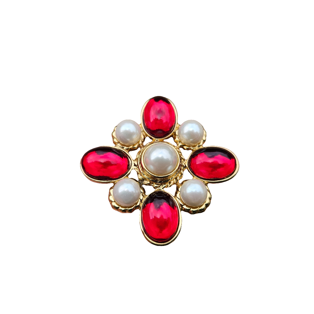 Ruby Red Gripoix Glass Type Brooch Gold Plated Jewellery Pearl