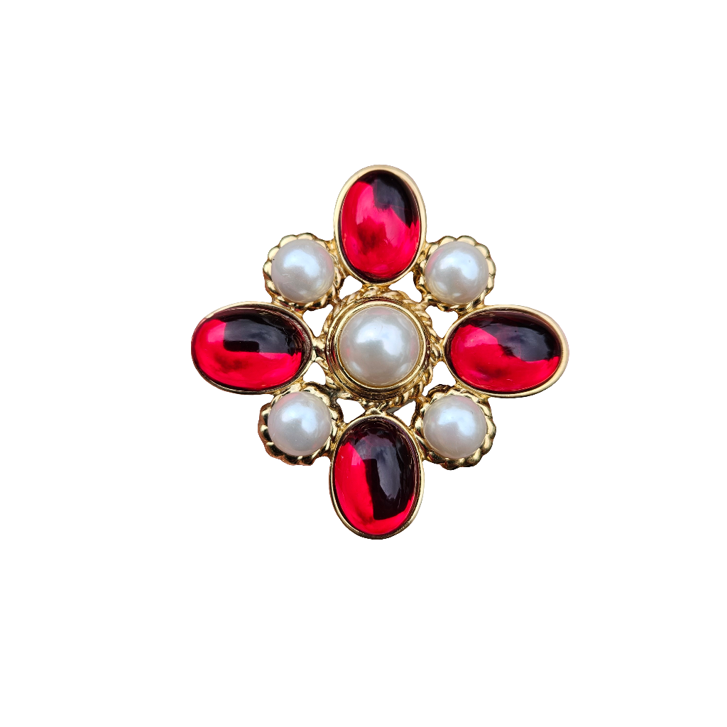 Ruby Red Gripoix Glass Type Brooch Gold Plated Jewellery Pearl