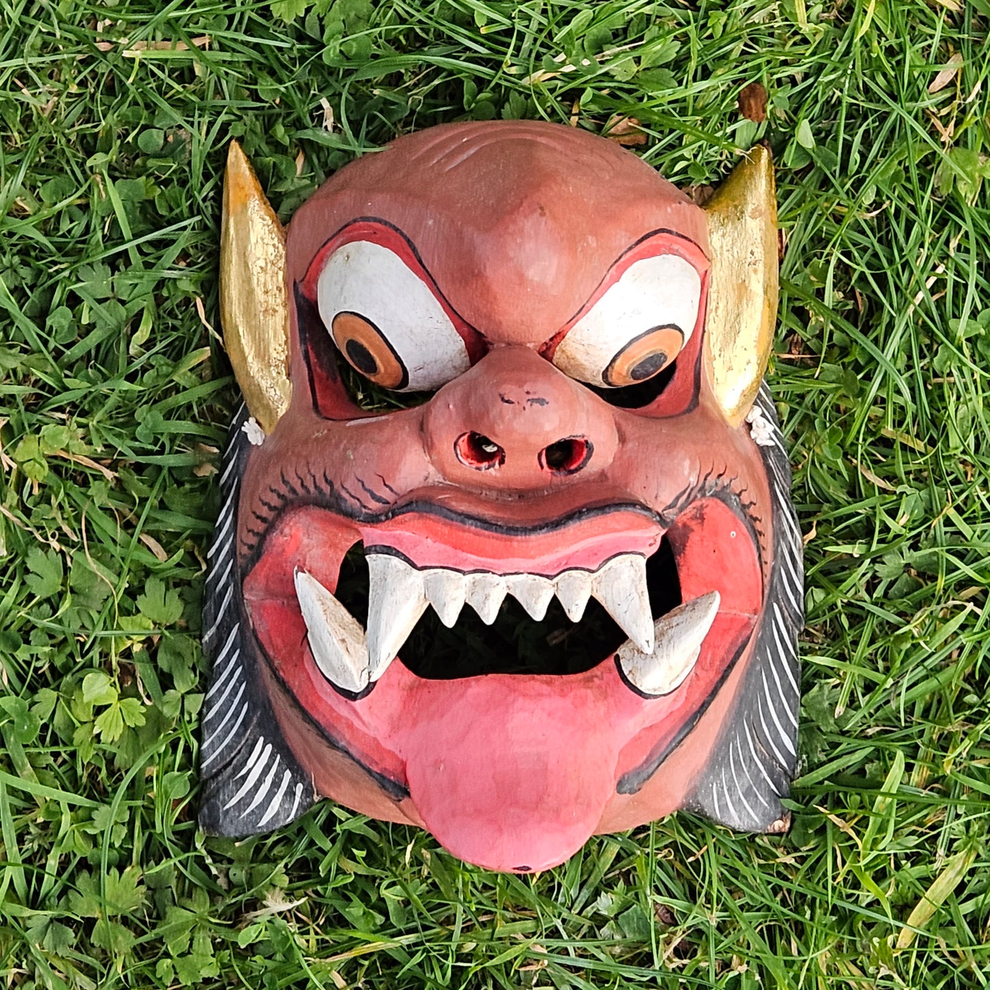 Old Balinese Demon Mask Carved Wood Red Devil Wall Art Handmade